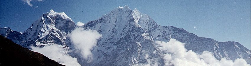 Mount Thamserku and Mount Kang Taiga on route to Gokyo Valley