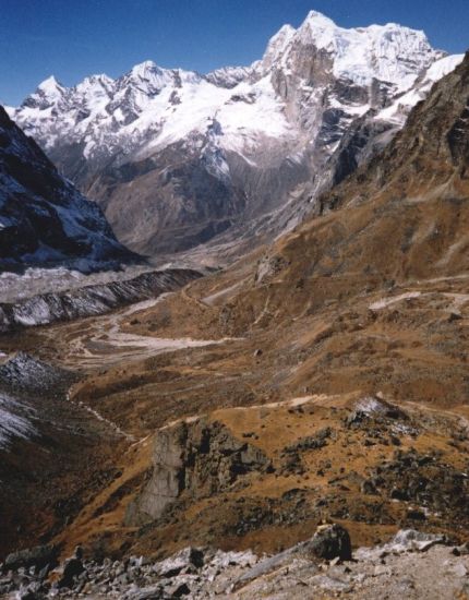 View from Dig Kare to Tangnag and Kusum Kanguru on ascent to Mera La