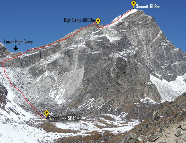 Ascent route on Lobuje East Peak in the Khumbu Region of the Nepal Himalaya