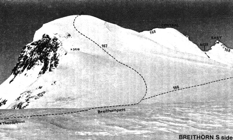 Ascent route on Breithorn above Zermatt 