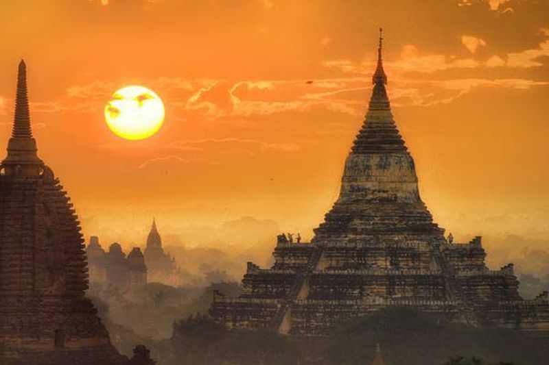 Sunset above Temples at Bagan in central Myanmar / Burma