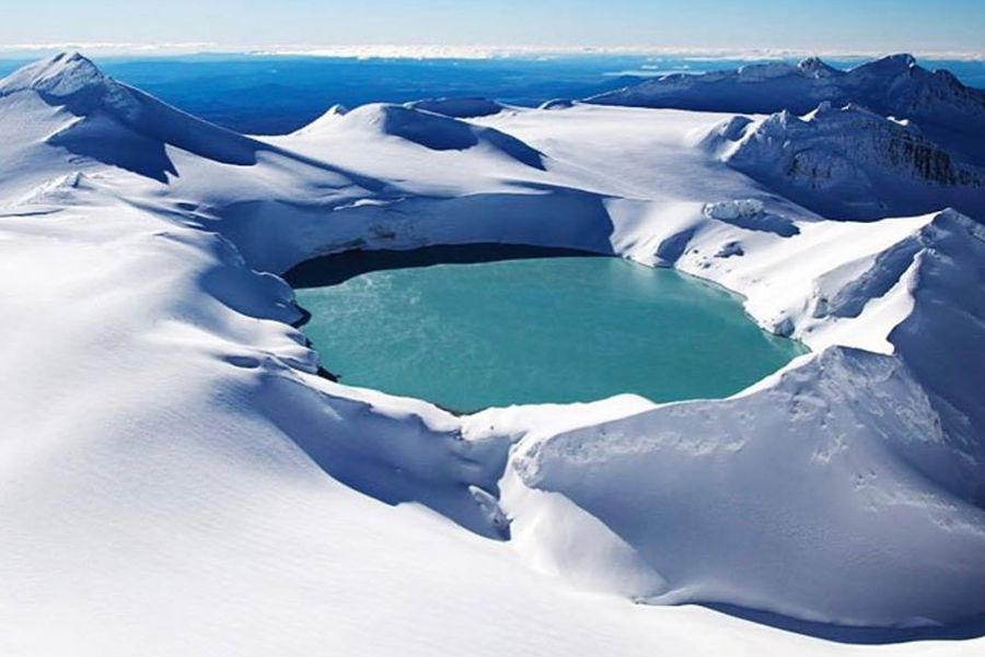 Summit snowfields and Crater Lake of Mt.Ruapehu