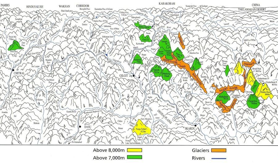 Major Mountains and Glaciers of the Karakoram in Pakistan
