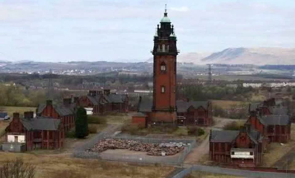 Tower of Ruchill Hospital from Forth & Clyde Canal in Glasgow