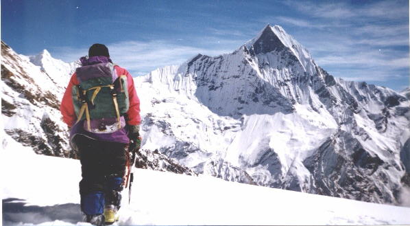 Macchapucchre ( Fishtail Mountain ) from Rakshi Peak in the Annapurna Sanctuary, Nepal Himalaya 